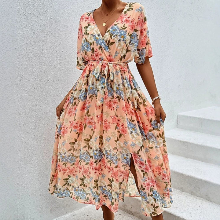 Damen nan florales V-Ausschnitt-Bindekleid mit tailliertem Gürtel und seitlichem Beinschlitz Drune