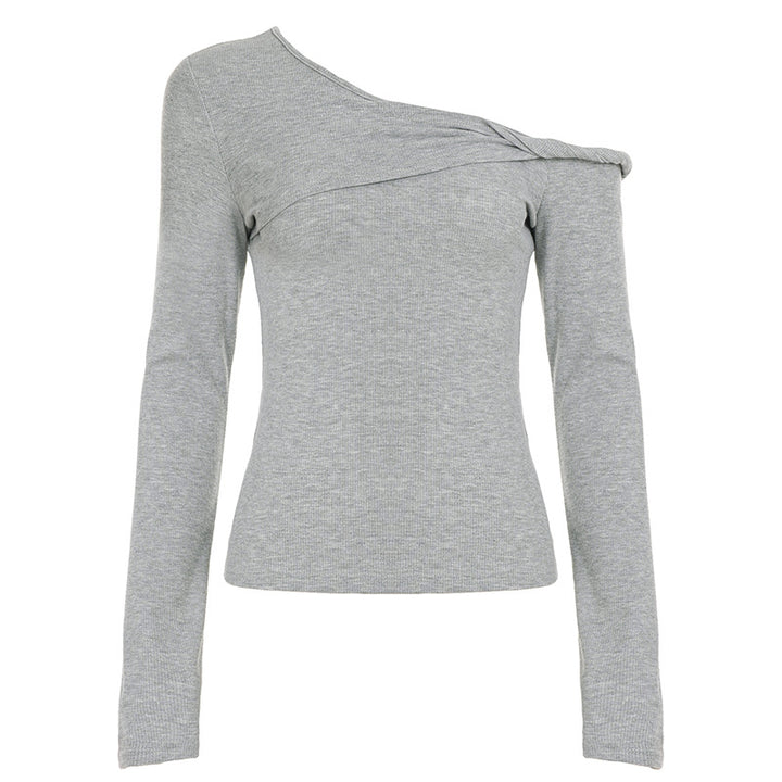 Damen nan asymmetrisches Rippenlangarmshirt mit Ein-Schulter-Design und dekorativer Knotenraffung Drune