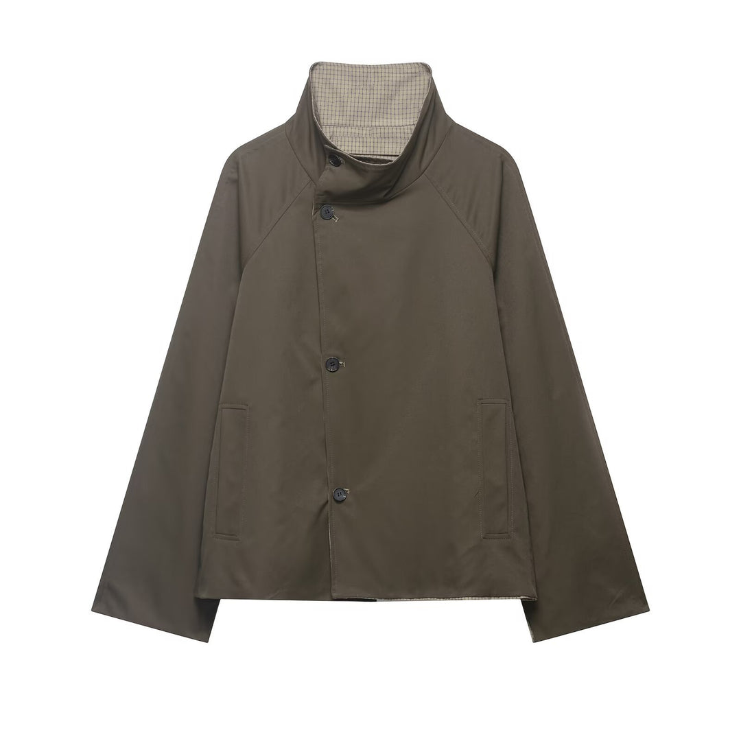 Herren Kurze wasserabweisende Übergangsjacke mit hohem Stehkragen, asymmetrischer Knopfleiste und Raglanärmeln Drune