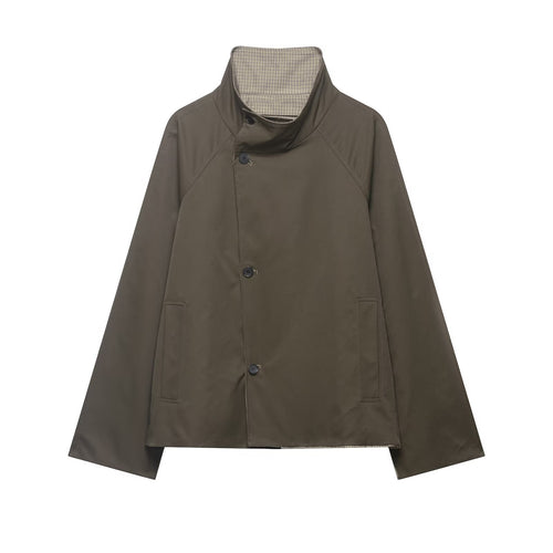 Herren Kurze wasserabweisende Übergangsjacke mit hohem Stehkragen, asymmetrischer Knopfleiste und Raglanärmeln Drune
