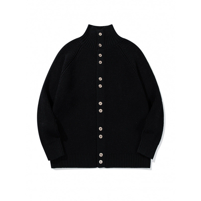 Herren grobgestrickter Knopfcardigan mit hohem Rollkragen und Raglanärmeln Drune