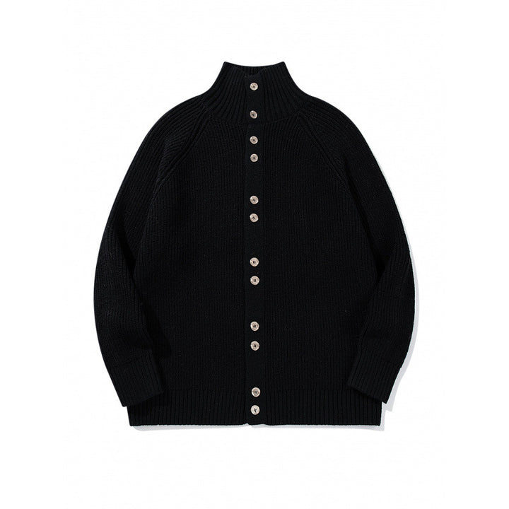 Herren grobgestrickter Knopfcardigan mit hohem Rollkragen und Raglanärmeln Drune
