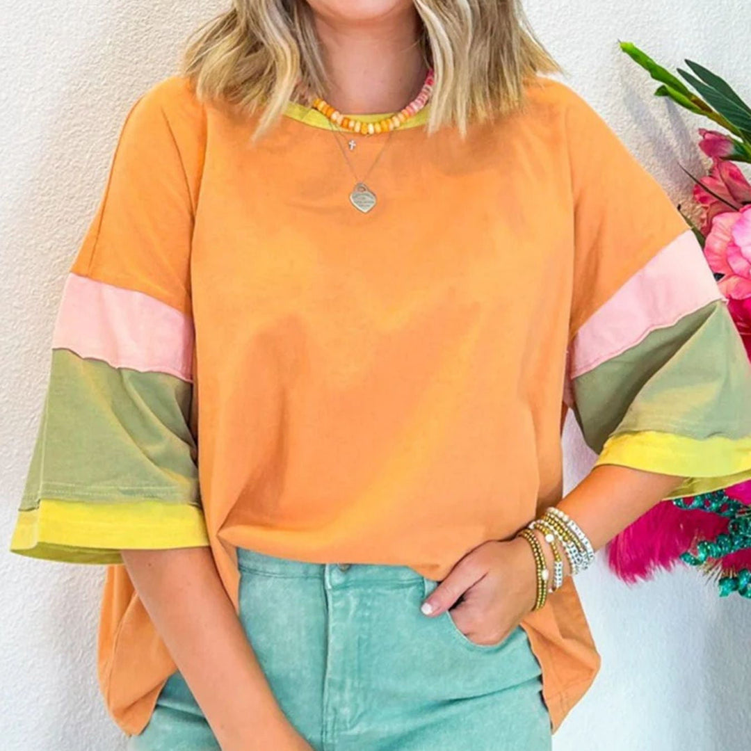 Damen lässiges T-Shirt mit farbenfrohen Ärmeln und weitem Schnitt Drune
