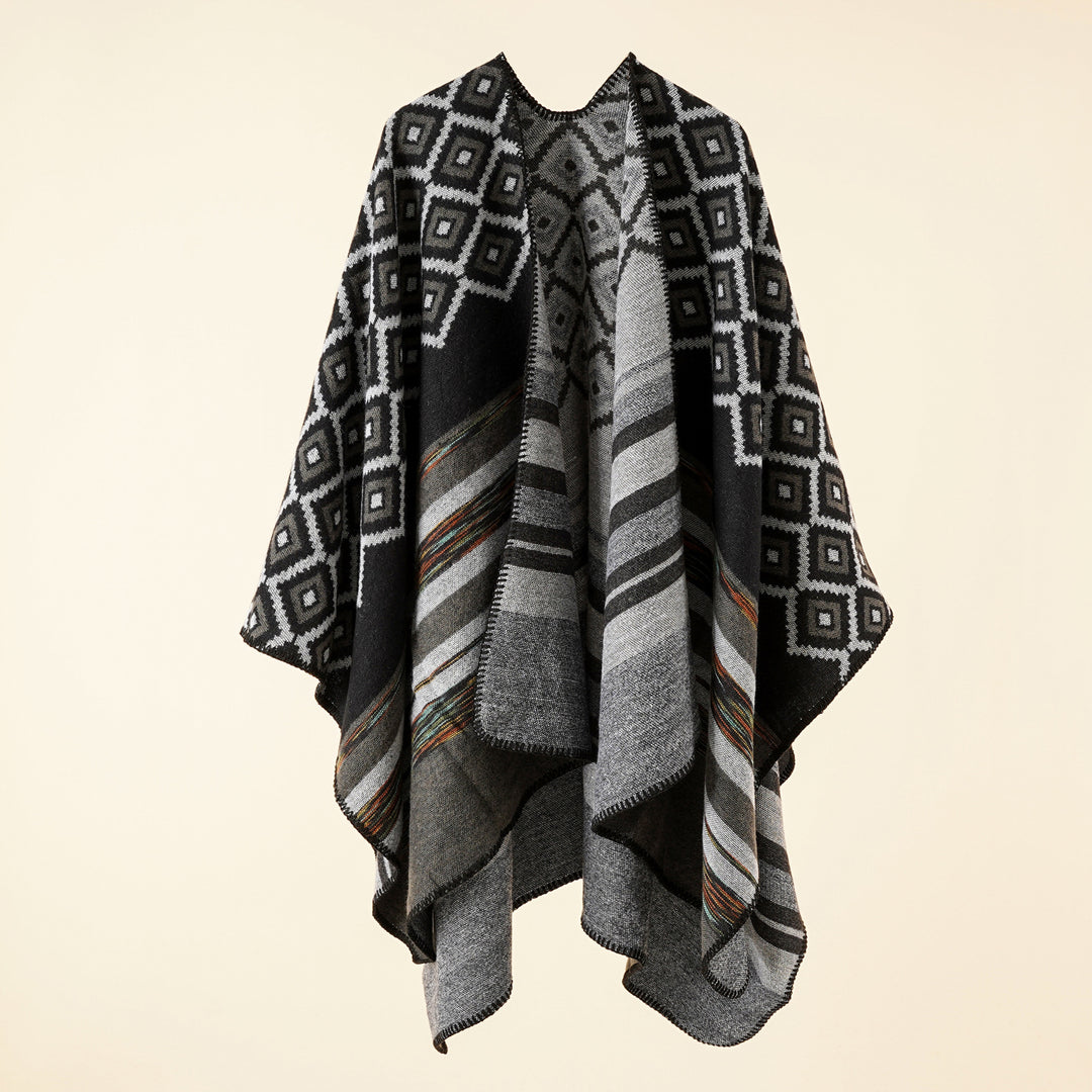 Damen Wende-Serape-Poncho im Jacquard‑Web mit geometrischem Quadratmuster Drune