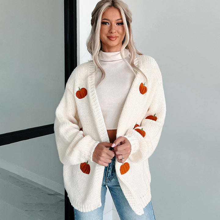 Damen Kuscheliger Oversize-Strickcardigan mit Kürbis‑Stickerei Drune