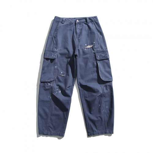 Herren Baggy-Utility-Cargohose mit aufgesetzten Klappentaschen, distressed Look und lockerer Silhouette Drune