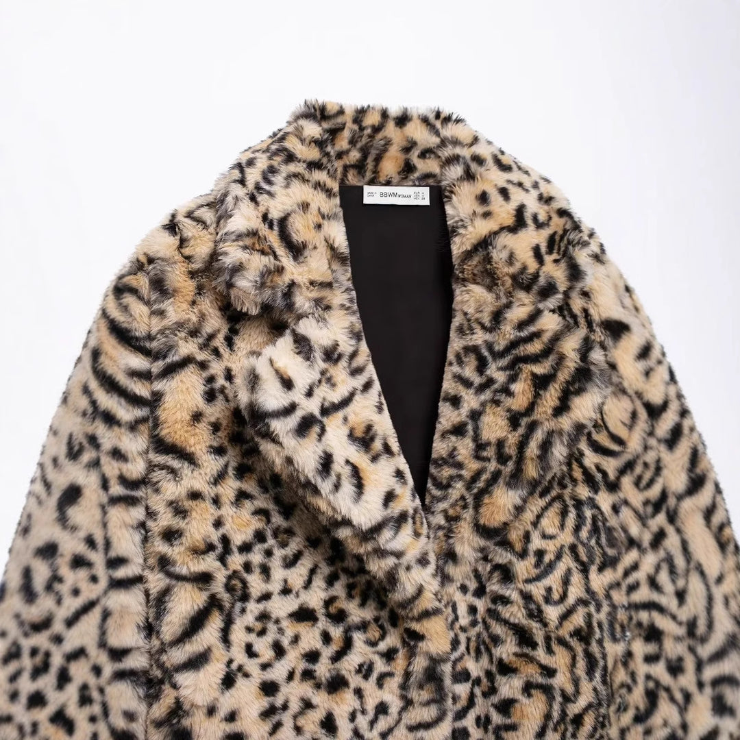 Damen nan oversized Kunstfellmantel mit Leopardenmuster, voluminösem Schalkragen und praktischen Eingrifftaschen Drune