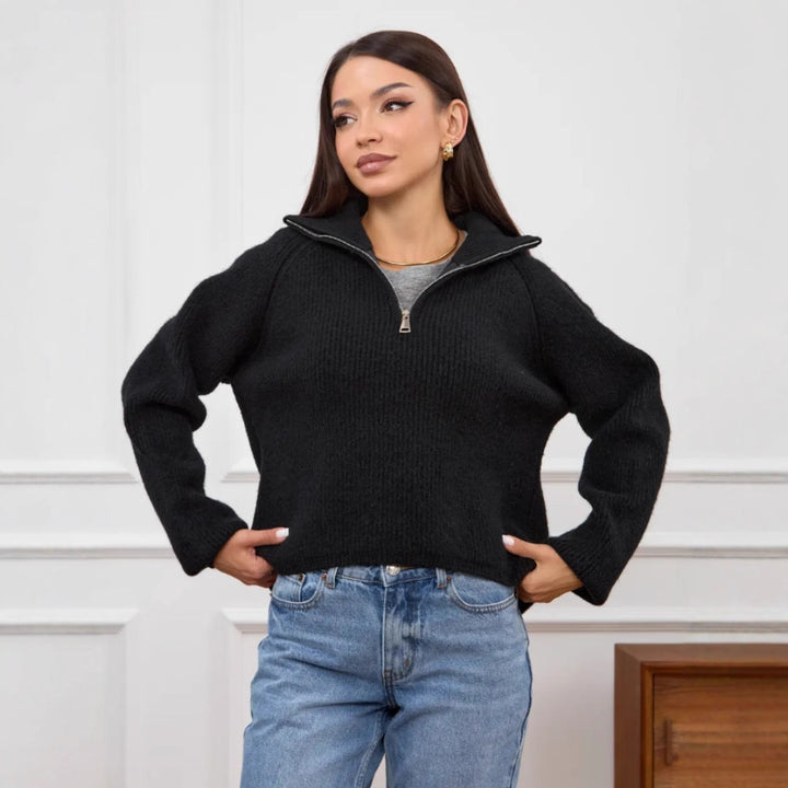 Damen Modischer Strickpullover mit Stehkragen und kurzer Reißverschluss Drune