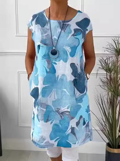 Damen nan luftiges Tunika-Midikleid aus Leinenmix mit Aquarellblütenprint und Seitentaschen Drune