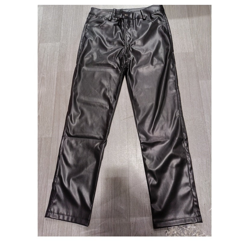 Herren Eng anliegende Hose in Lederoptik mit schmaler Silhouette und Druckknopfbund Drune