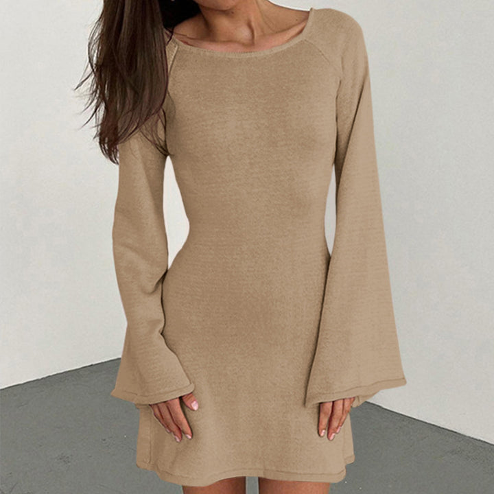 Damen lässiges Strickkleid mit weiten Ärmeln und Rundhalsausschnitt Drune