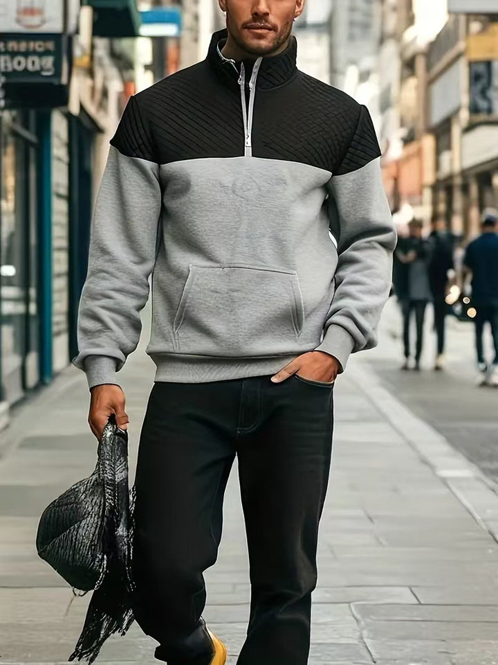 Herren nan Schulterpaneel-Halbzip-Sweatpullover mit gesteppter Schulterpartie und Kängurutasche Drune