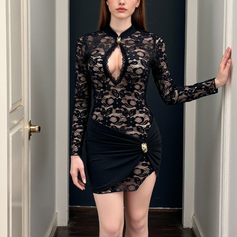Damen Spitzenkleid mit tiefem V-Ausschnitt und raffiniertem Wickel-Design Drune