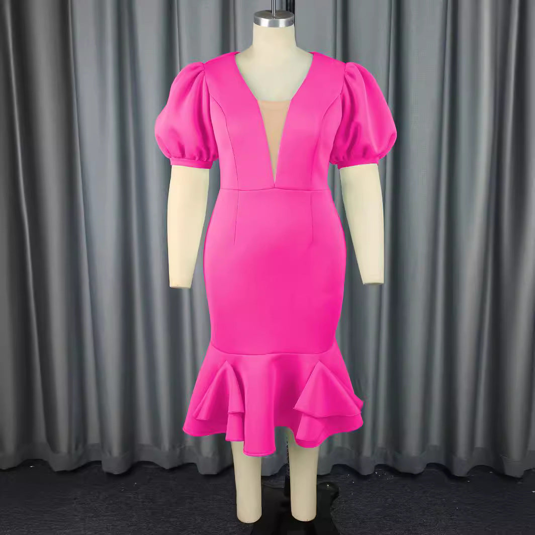 Damen figurbetontes Kleid mit voluminösen Puffärmeln und Rüschenabschluss Drune