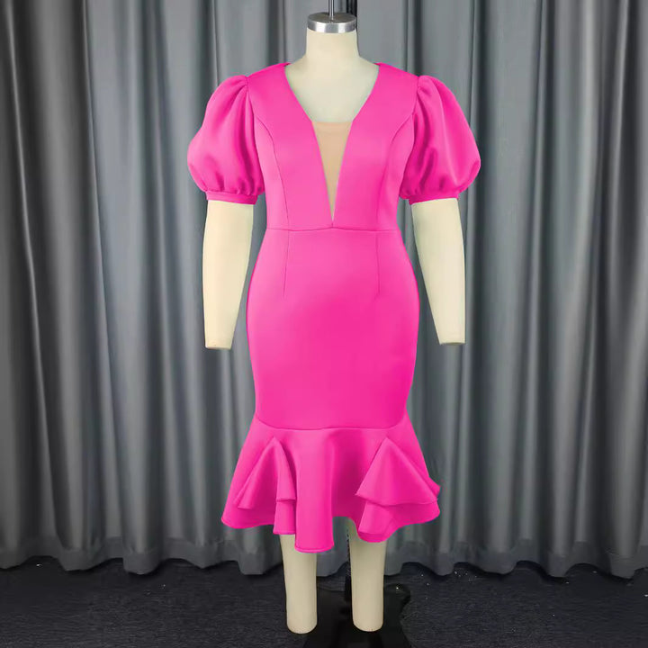Damen figurbetontes Kleid mit voluminösen Puffärmeln und Rüschenabschluss Drune