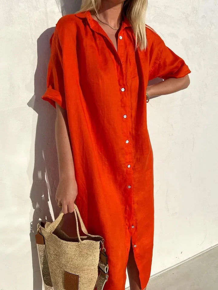 Drune | Knopfkleid mit Weitem Ausschnitt und Schmalen Ärmeln, Elegant und Locker, für Frauen Baumwoll- und Leinenkleider