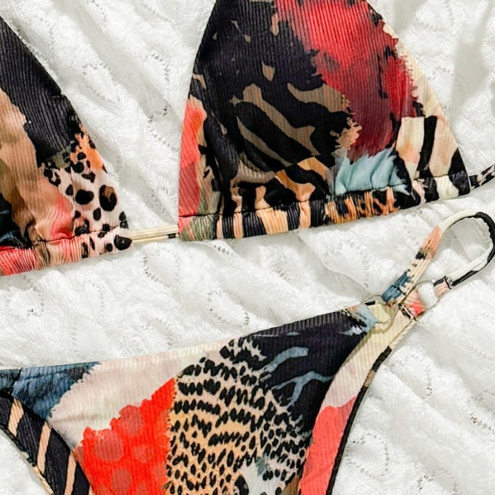 Damen Triangel-Bikini mit buntem Muster und verstellbaren Trägern Drune