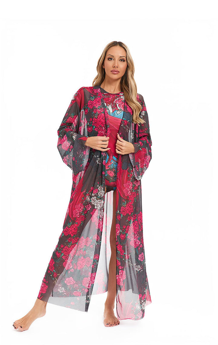 Damen eleganter transparenter Strandkimono mit floralem Design Drune