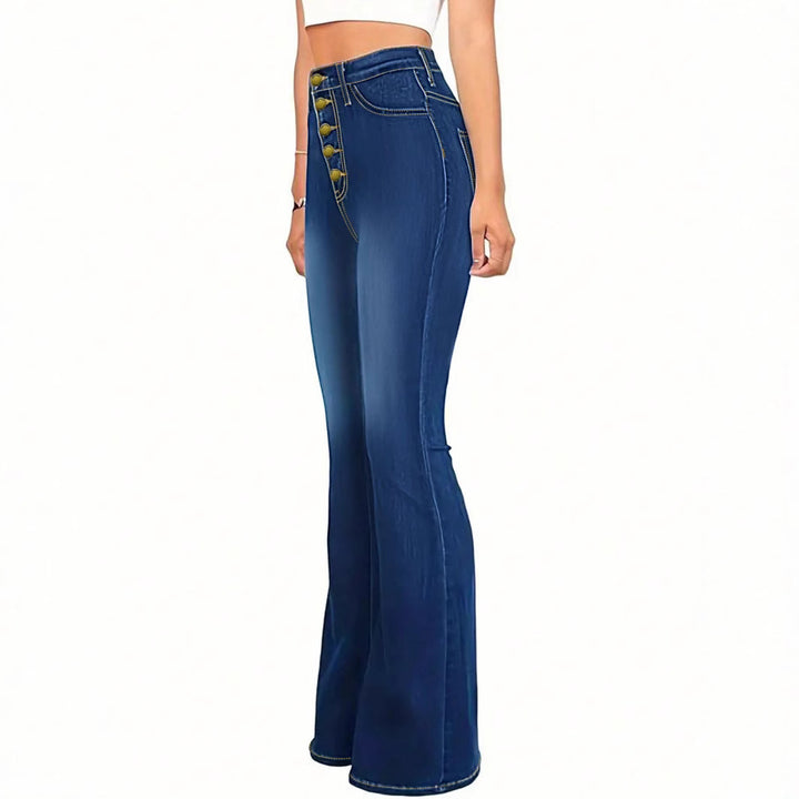 Damen hochtaillierte formende Flared-Jeans mit sichtbarer Knopfleiste Drune