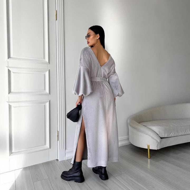Damen Kuschel-Midikleid mit Bindegürtel und Ballonärmeln Drune