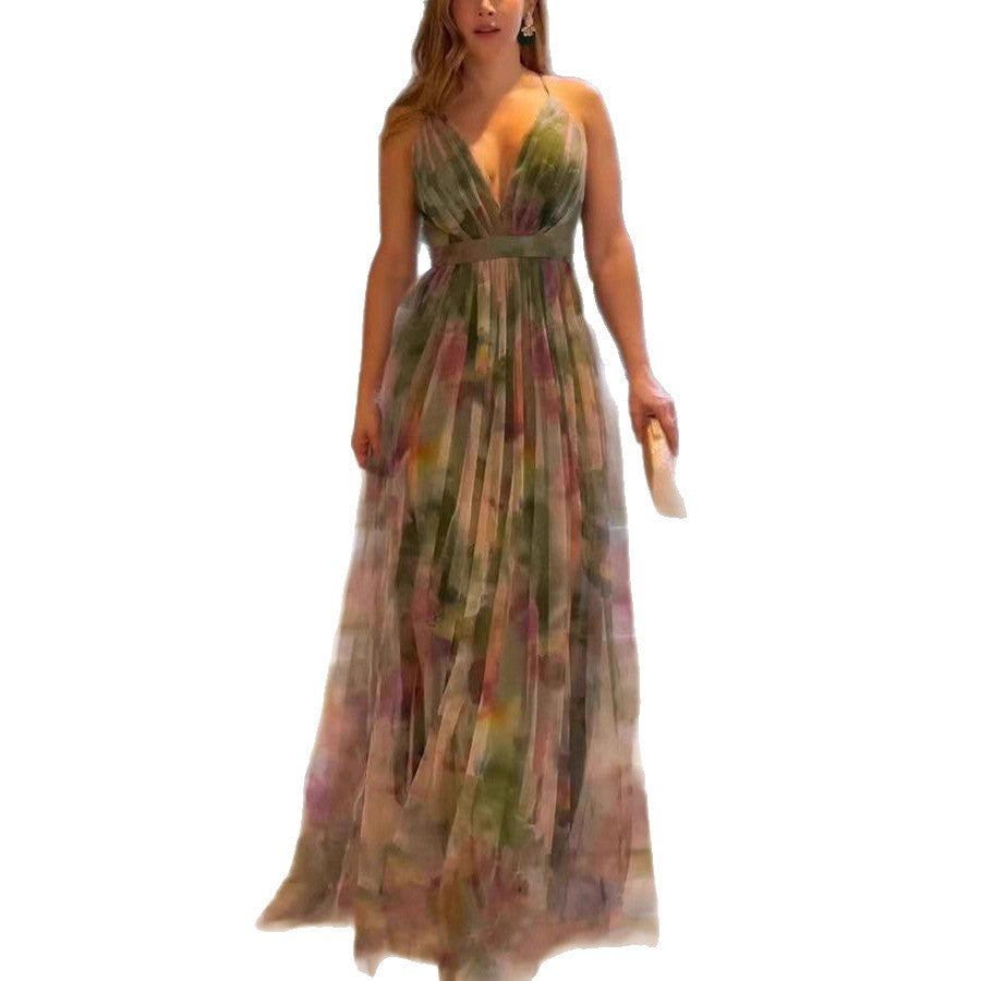 Damen Maxikleid mit tiefem V-Ausschnitt und fließendem Chiffon Drune