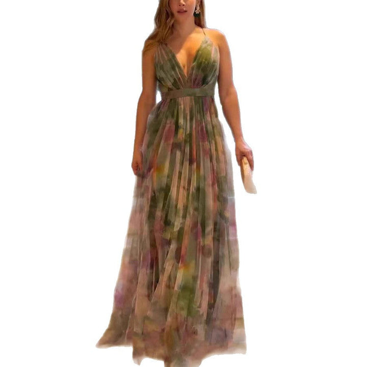 Damen Maxikleid mit tiefem V-Ausschnitt und fließendem Chiffon Drune