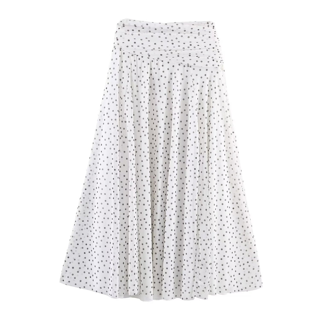Damen Polka-Dot Midirock mit hohem Bund, A-Linie und mehrlagigem Chiffon Drune