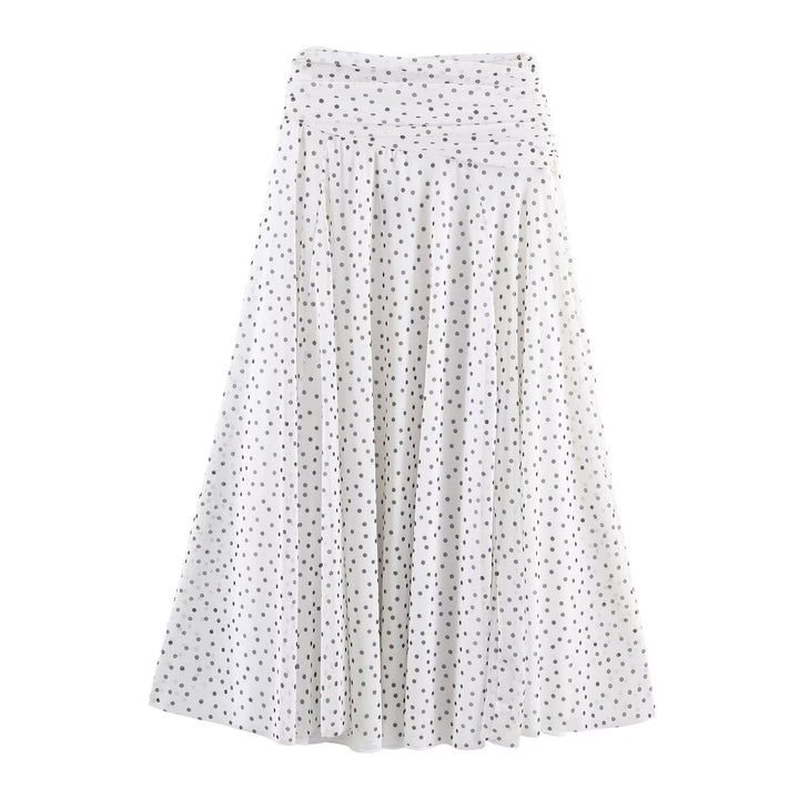 Damen Polka-Dot Midirock mit hohem Bund, A-Linie und mehrlagigem Chiffon Drune