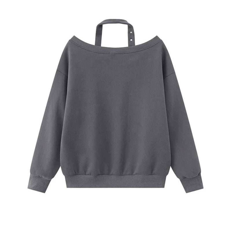 Damen Baumwoll-Mix Pullover mit abnehmbarem Nackenriemen, Kängurutasche und distressed Logoprint Drune