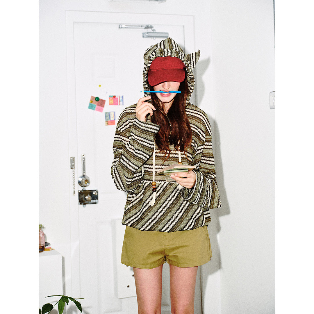 Damen Strick‑Kapuzenpullover mit Katzenohren und Kängurutasche Drune