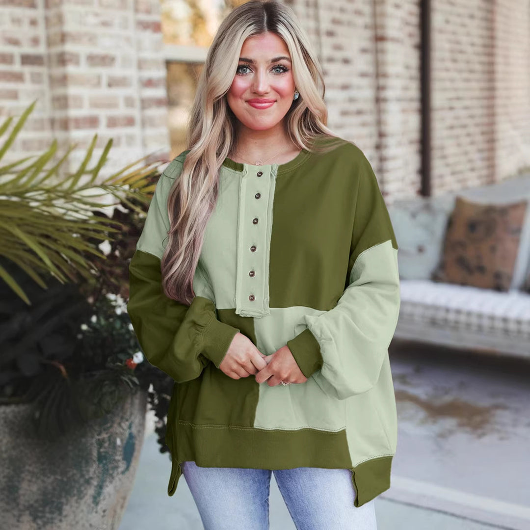 Damen Oversize-Colorblock Sweatshirt mit Henley-Knopfleiste, Ballonärmeln und geripptem Saum Drune