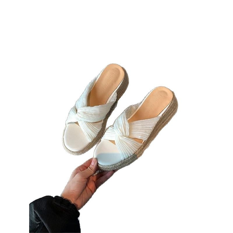 Damen Plateau-Espadrilles mit geknoteten Faltenriemen und geflochtener Jute-Sohle Drune