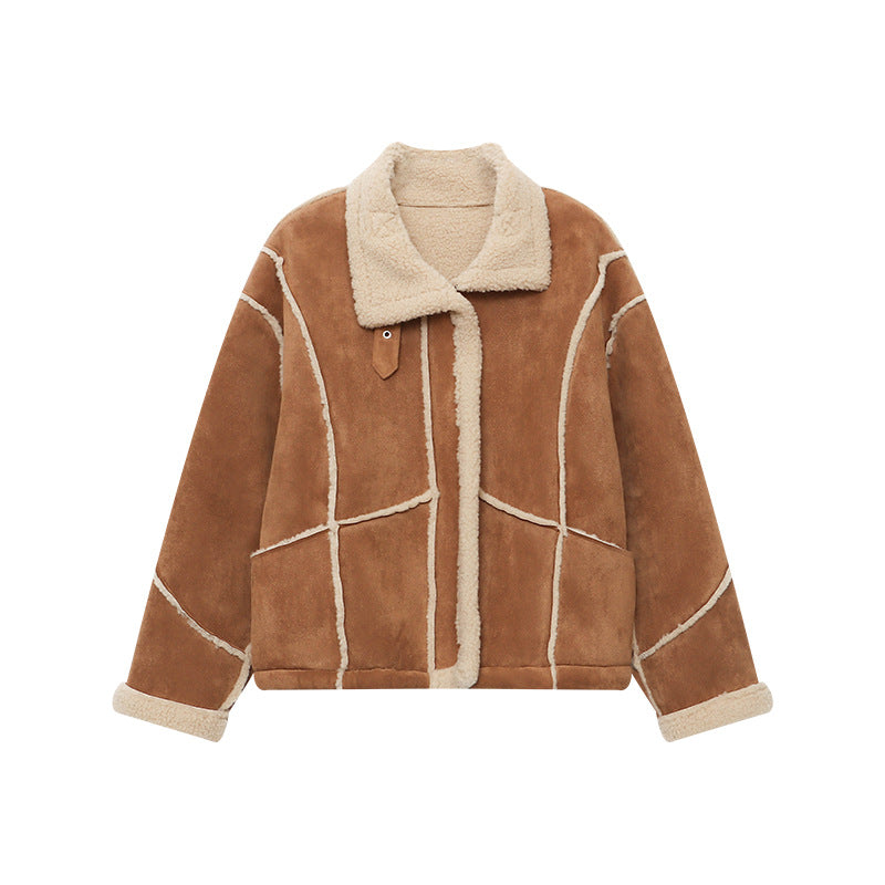Damen lässige Kunstlederjacke mit samtigem Futter und Kontrastnähten Drune