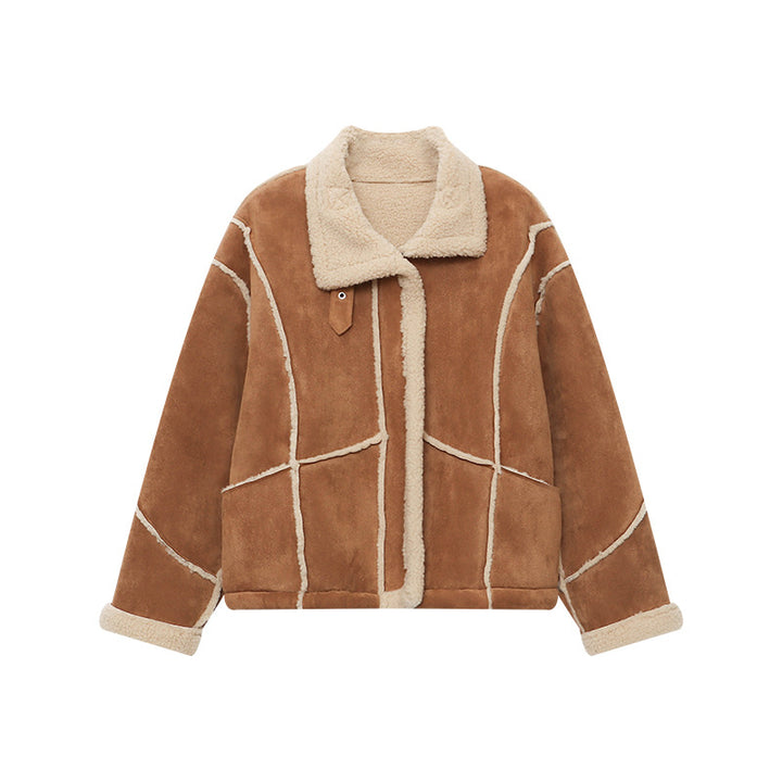 Damen lässige Kunstlederjacke mit samtigem Futter und Kontrastnähten Drune