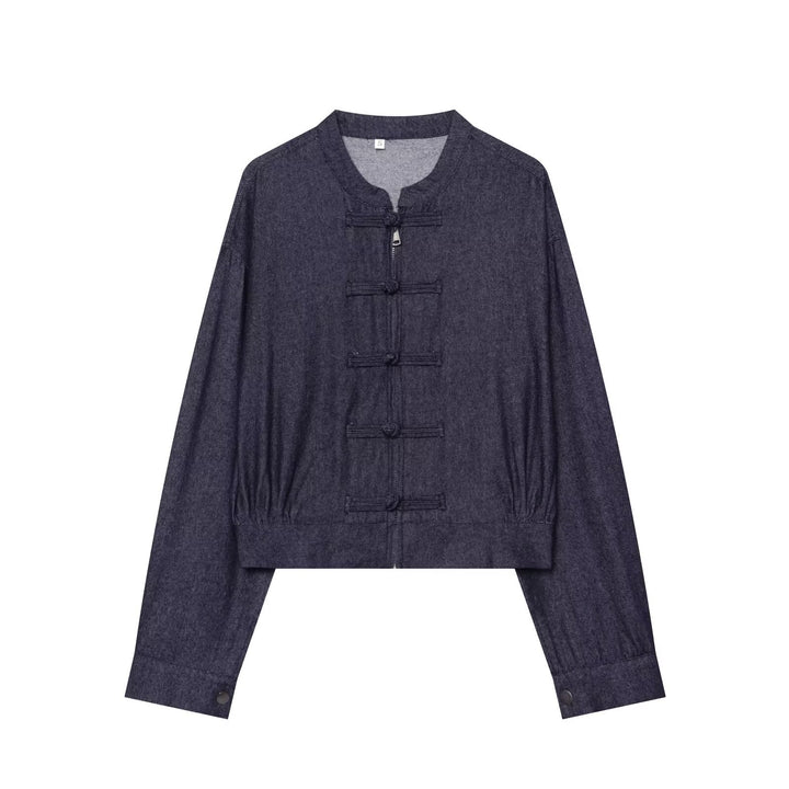 Damen Cropped Jeansjacke im China‑Stil mit Mandarinkragen und Knotenverschlüssen Drune