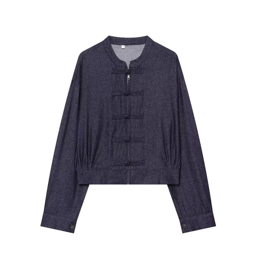Damen Cropped Jeansjacke im China‑Stil mit Mandarinkragen und Knotenverschlüssen Drune
