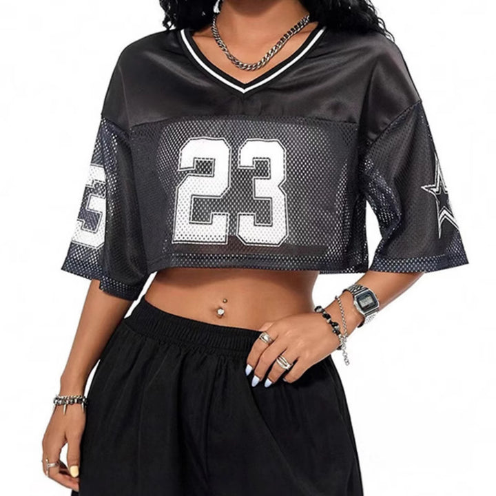 Damen sportliches Crop-Top aus atmungsaktivem Mesh-Material mit Nummer CD-Drune