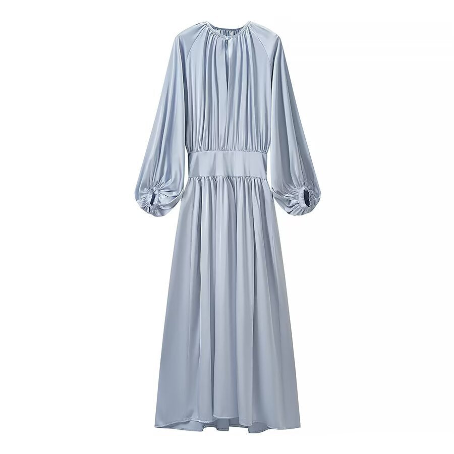 Damen Midaxi-Kleid aus Satinoptik mit geraffter Taillenblende und voluminösen Ballonärmeln Drune