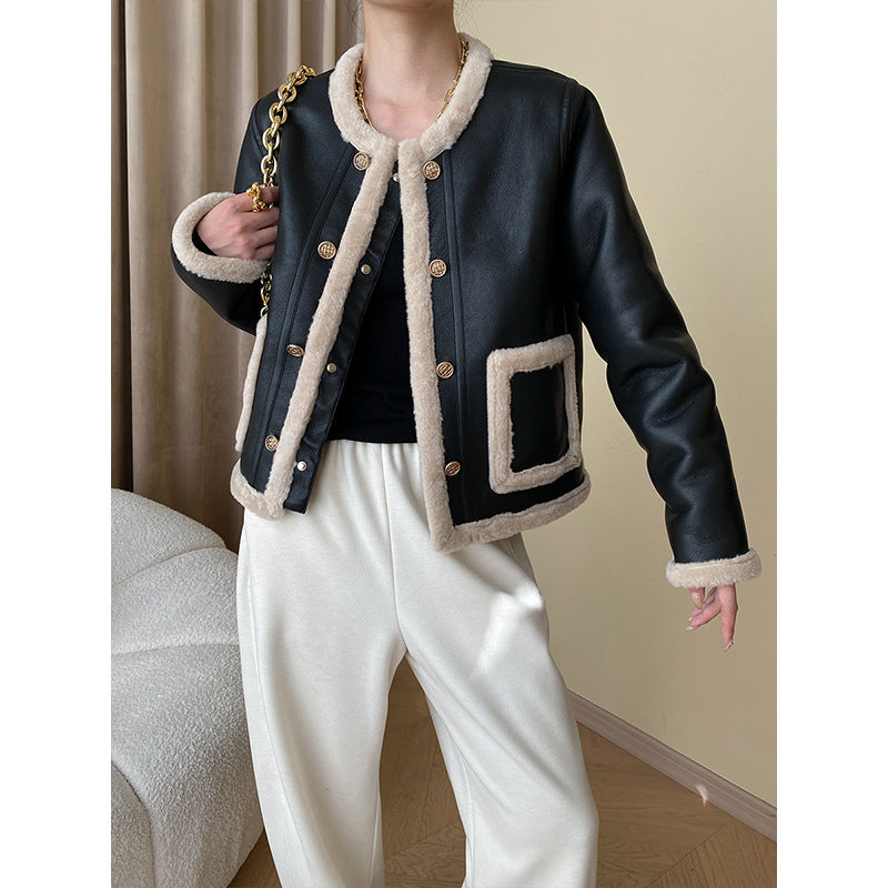 Damen Modische Kunstlederjacke mit Futter Drune