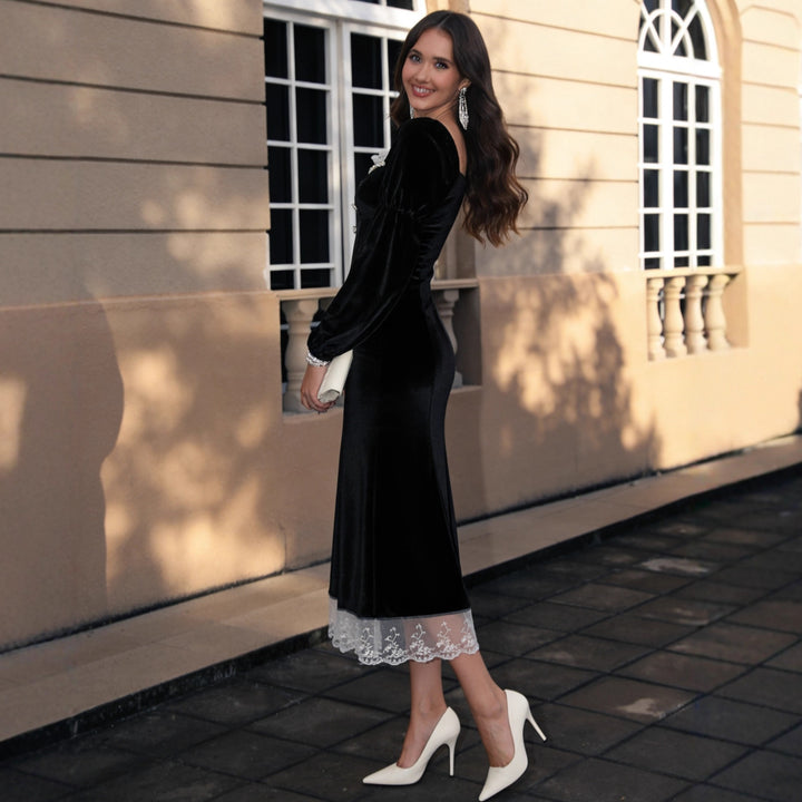 Damen Samt‑Midikleid mit quadratischem Ausschnitt, Puffärmeln und Spitzenuntertritt Drune