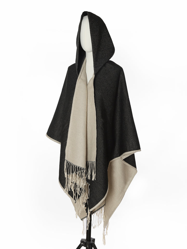 Damen Kapuzencape aus Wollmix mit Wendefunktion und Fransensaum Drune