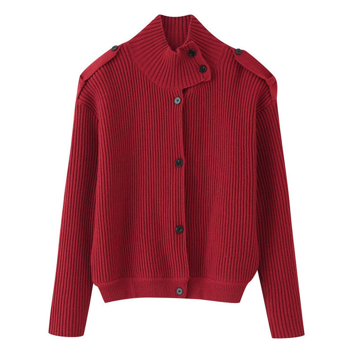 Damen Gerippter Strickcardigan mit Stehkragen und Schulterknopf-Detail Drune