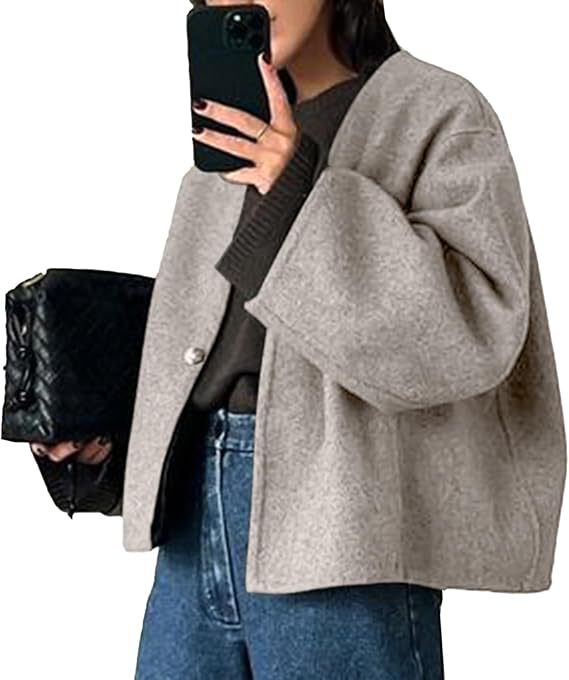 Damen Kurz geschnittene Oversize Wolljacke mit kastigem Schnitt und Ein-Knopf-Verschluss Drune