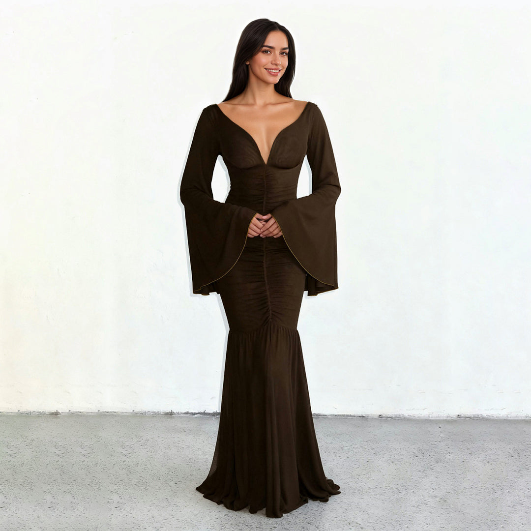 Damen nan gerafftes Maxikleid mit V-Ausschnitt, Trompetenärmeln und Stufenrüsche Drune