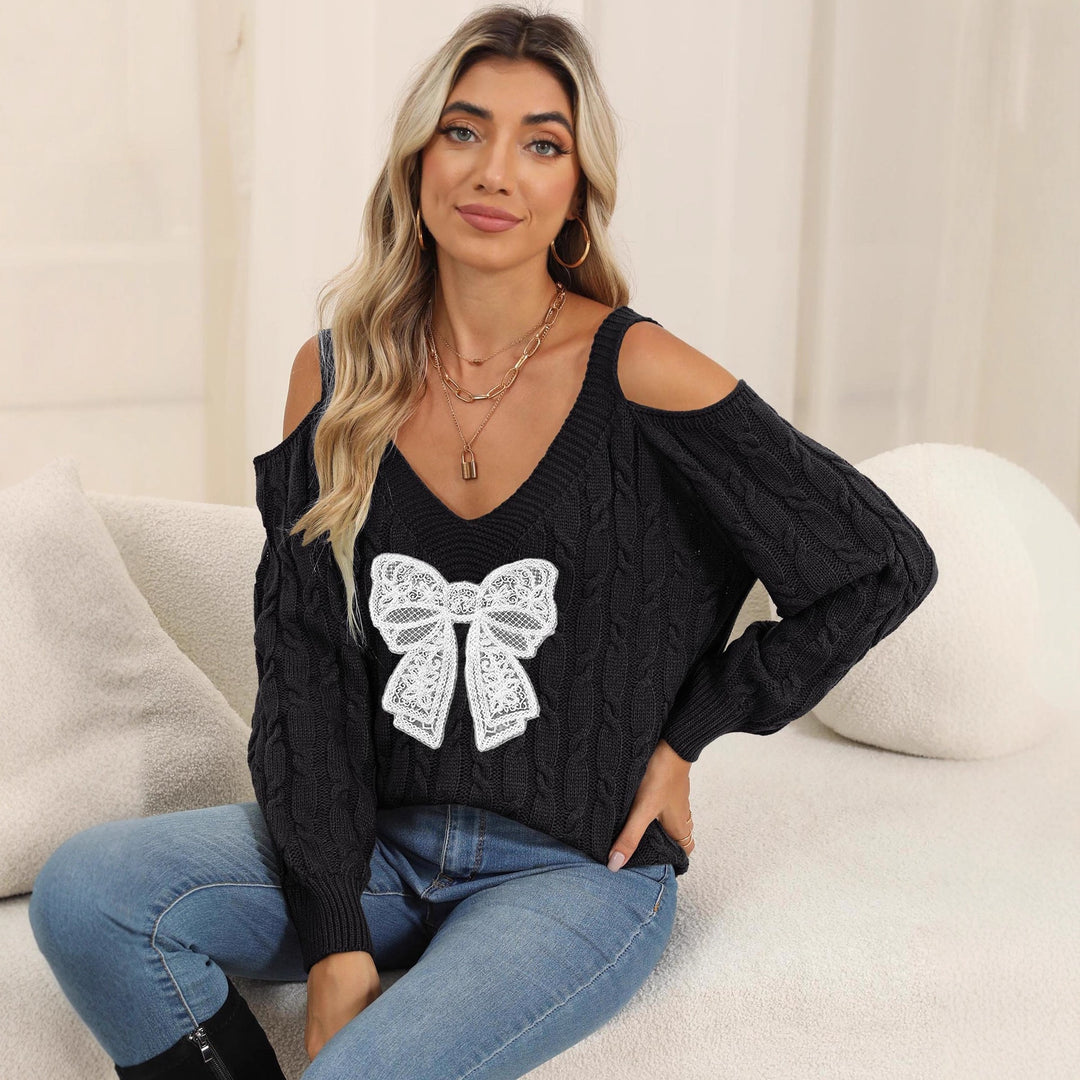 Damen modischer Pullover mit verspielt eingestricktem Schleifenmotiv Drune