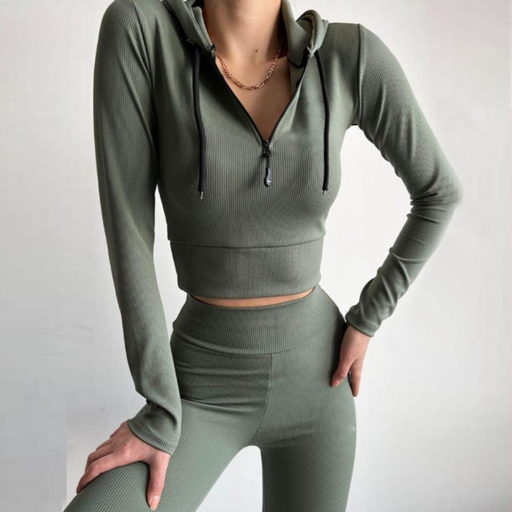 Damen geripptes Lounge-Set mit halbem Reißverschluss und hoher Taille Drune