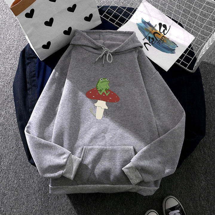 Damen nan oversized Kapuzenpullover mit Kängurutasche und Frosch‑Pilz-Print Drune