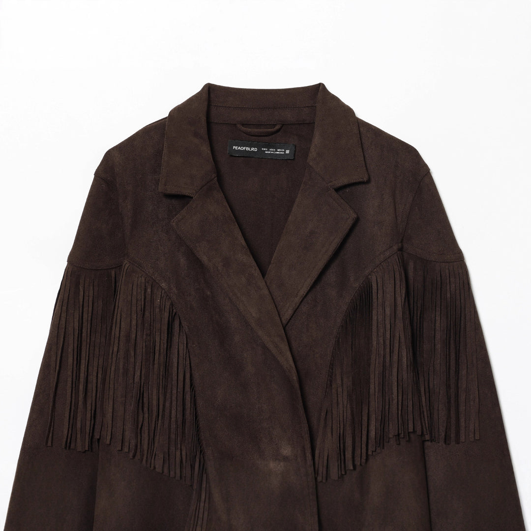 Damen nan kurze Wildlederjacke mit Reverskragen, kastigem Cropped‑Schnitt und dekorativen Fransen Drune