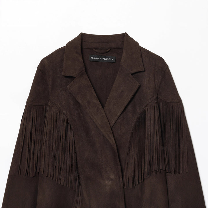 Damen nan kurze Wildlederjacke mit Reverskragen, kastigem Cropped‑Schnitt und dekorativen Fransen Drune
