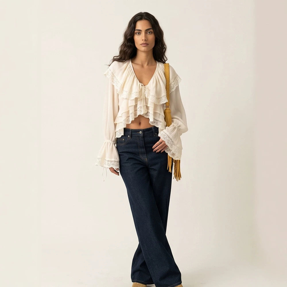Damen Geraffte Spitzen‑Croptop‑Bluse mit Volants und V‑Ausschnitt Drune
